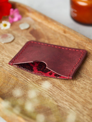 Wine Red Simple Leather Wallet Lined with Brocade Pure Silk