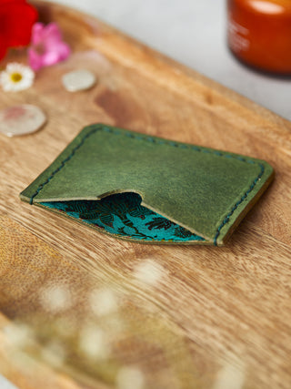 Sage Green Simple Leather Wallet Lined with Brocade Pure Silk