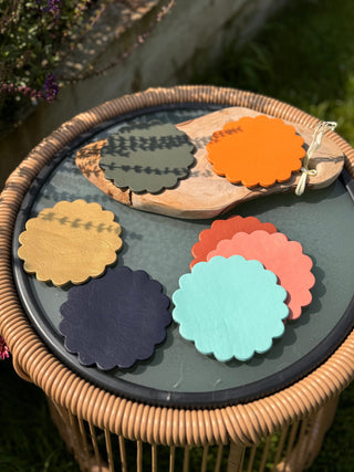 Scalloped Painted Leather Coasters, Perfect Gift for the Home