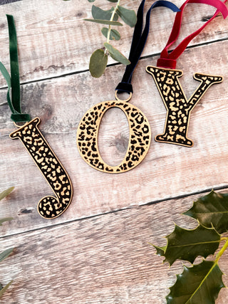 Monogram Leopard Print Detailed Wooden Christmas Decoration, Tree Ornament.